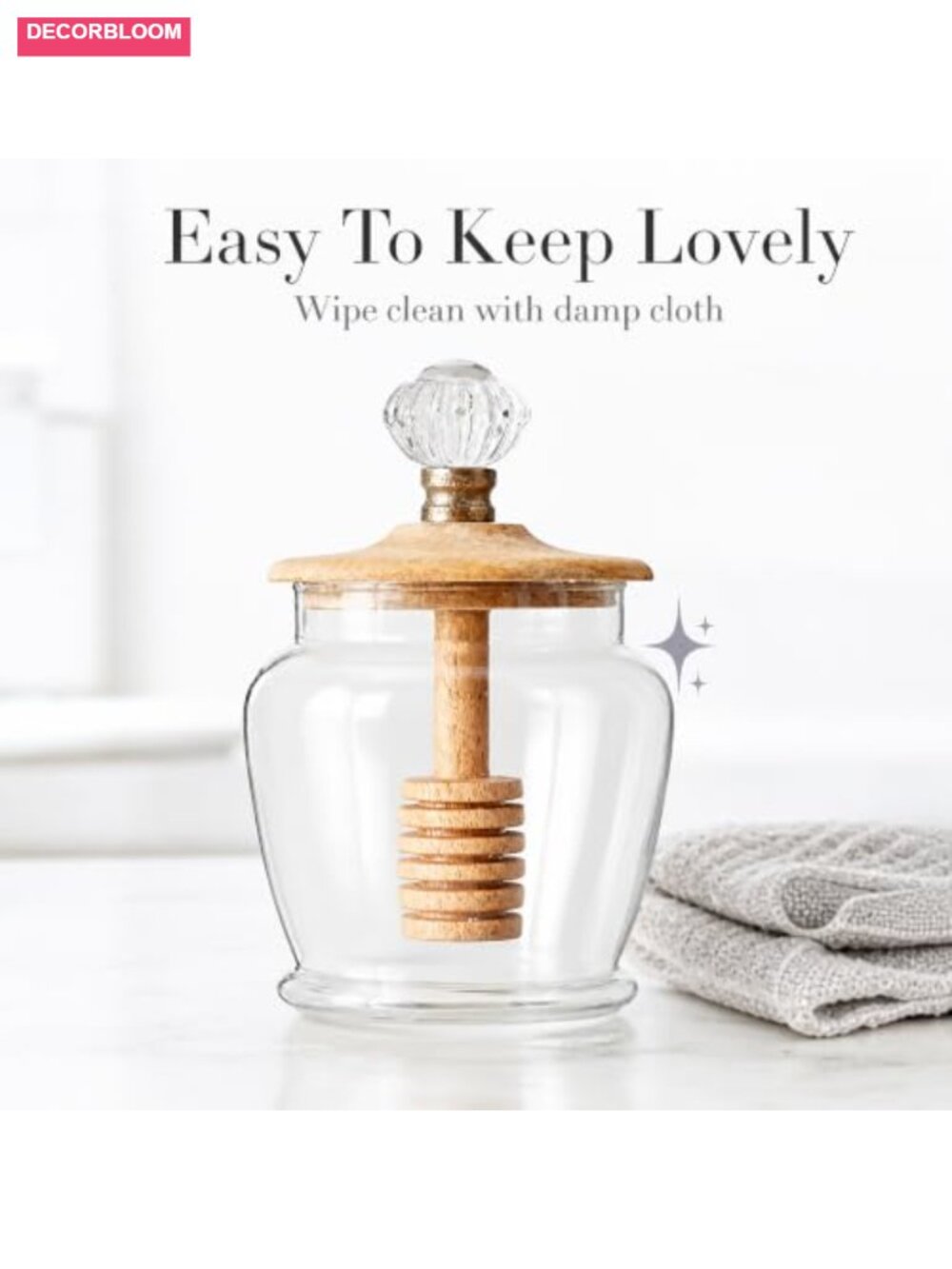 Glass Honey Jar with Mango Wood Dipper Lid - Kitchen Canning Storage - Picture 5 of 6